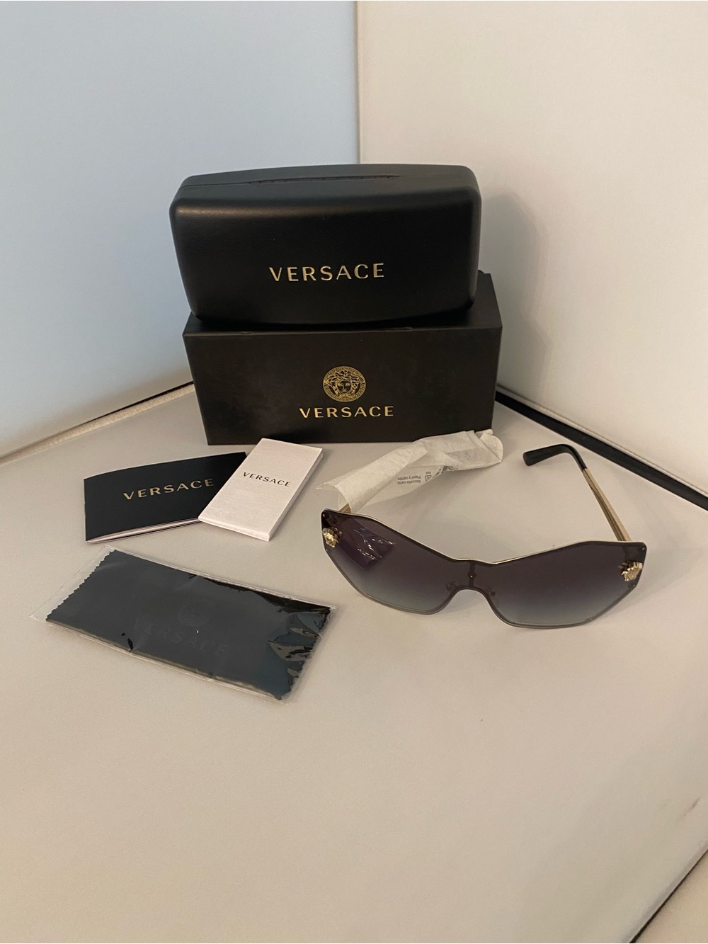 New Versace Glam Black Stud Medusa Head Rimless Shield Sunglasses,VE2182